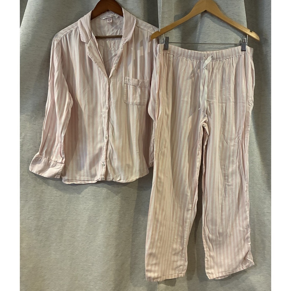Victoria‎ Secret Pink & White Signature Stripe Pajama Set Women's Large Preppy